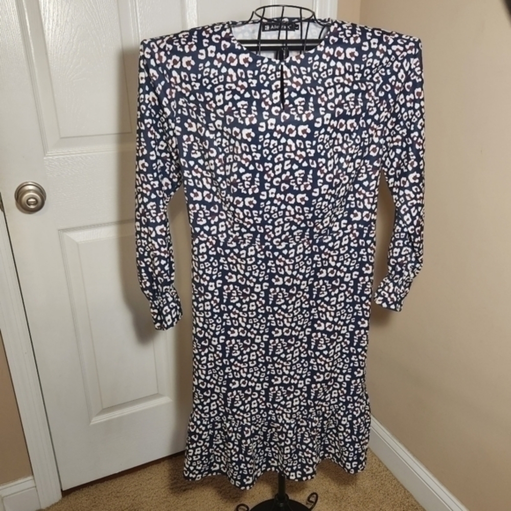 Allegra K floral Dress Large Elastic‎ Waist Navy Blue Corporate workwear Classic